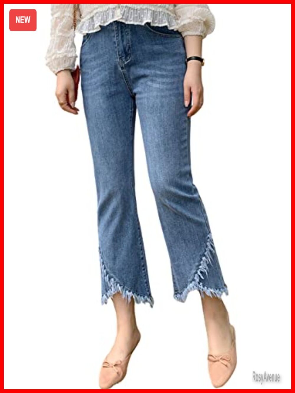 Stretchy Ripped Distressed Frayed Hem Cropped Jeans Tassel Fringe Casual